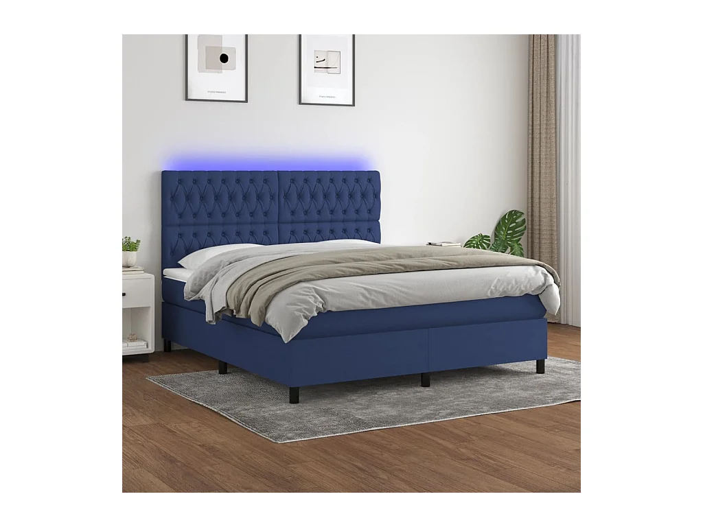 Sommier à lattes de lit et matelas et LED Bleu 160x200 cm Tissu
