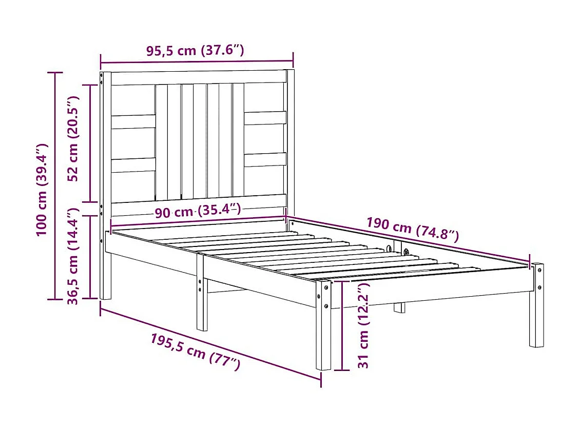 Bedframe massief hout 90x190 cm