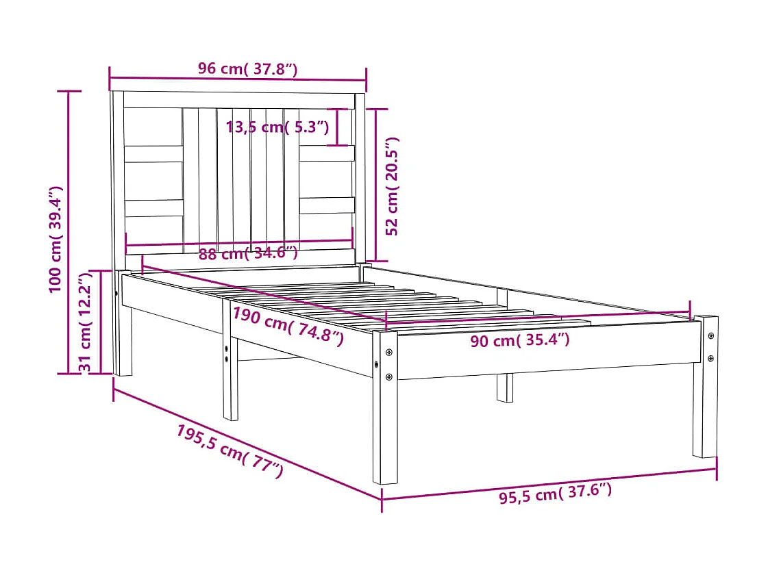 Bedframe massief hout 90x190 cm