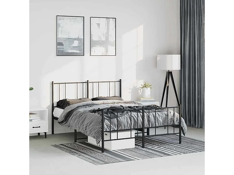 Cadre de lit métal sans matelas avec pied de lit noir 135x190cm