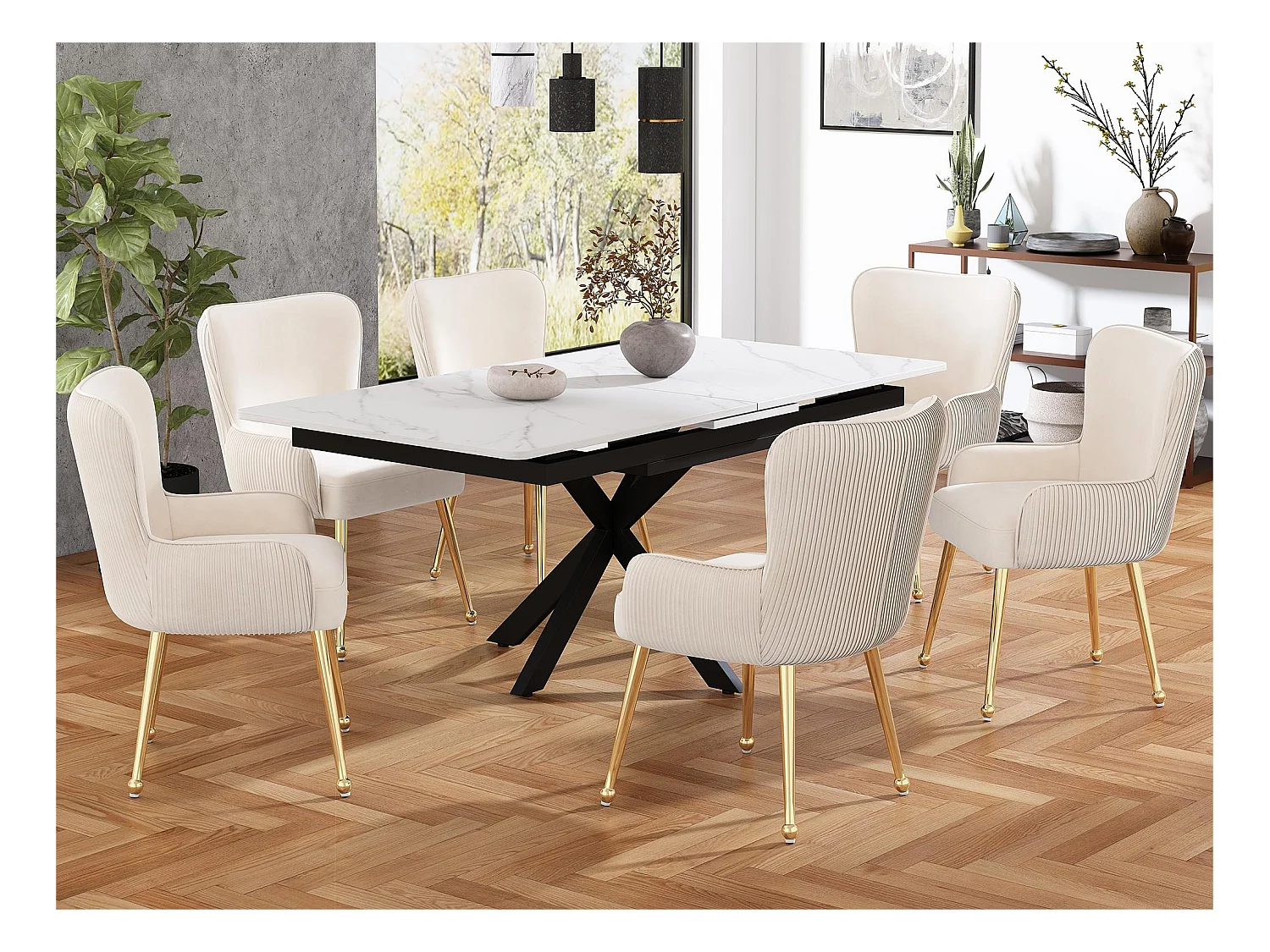 Lot de 6 Chaises en velours - avec accoudoirs et pieds en métal doré - Beige & Doré