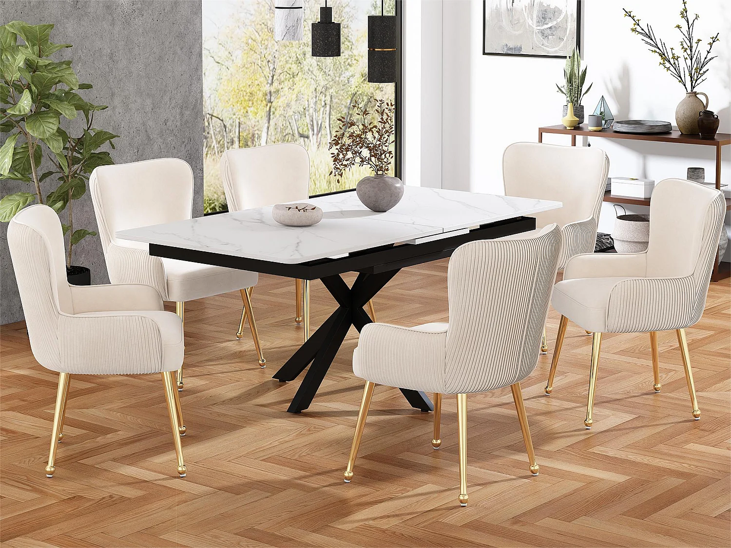 Lot de 6 Chaises en velours - avec accoudoirs et pieds en métal doré - Beige & Doré