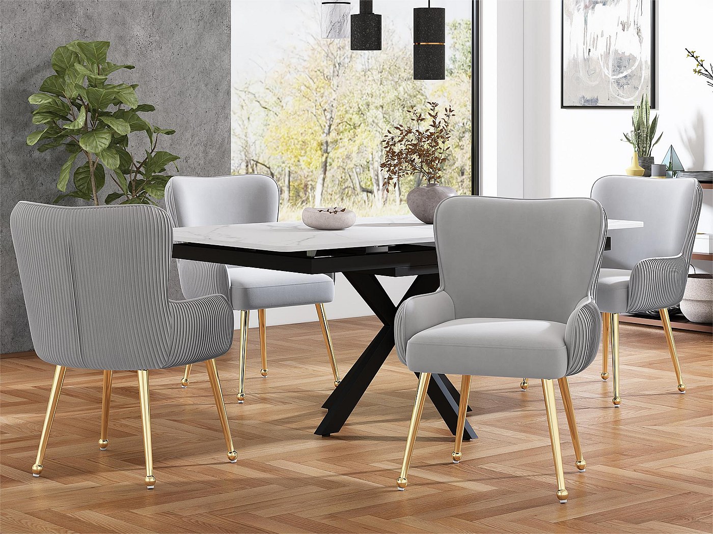 Lot de 4 chaises en velours argent avec pieds en bois