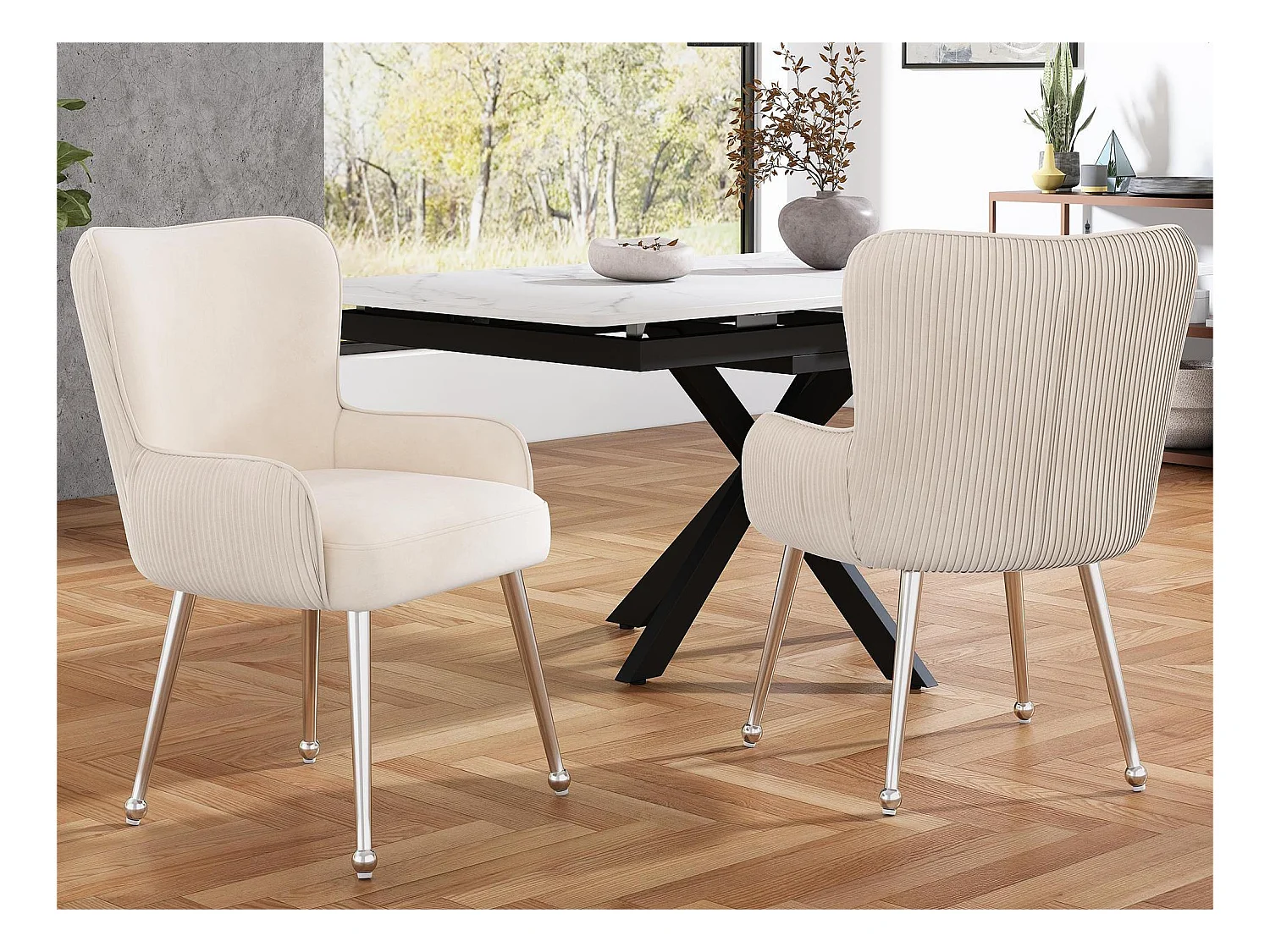 Set van 2 Velvet stoelen - met armleuningen en zilver metalen poten - Beige