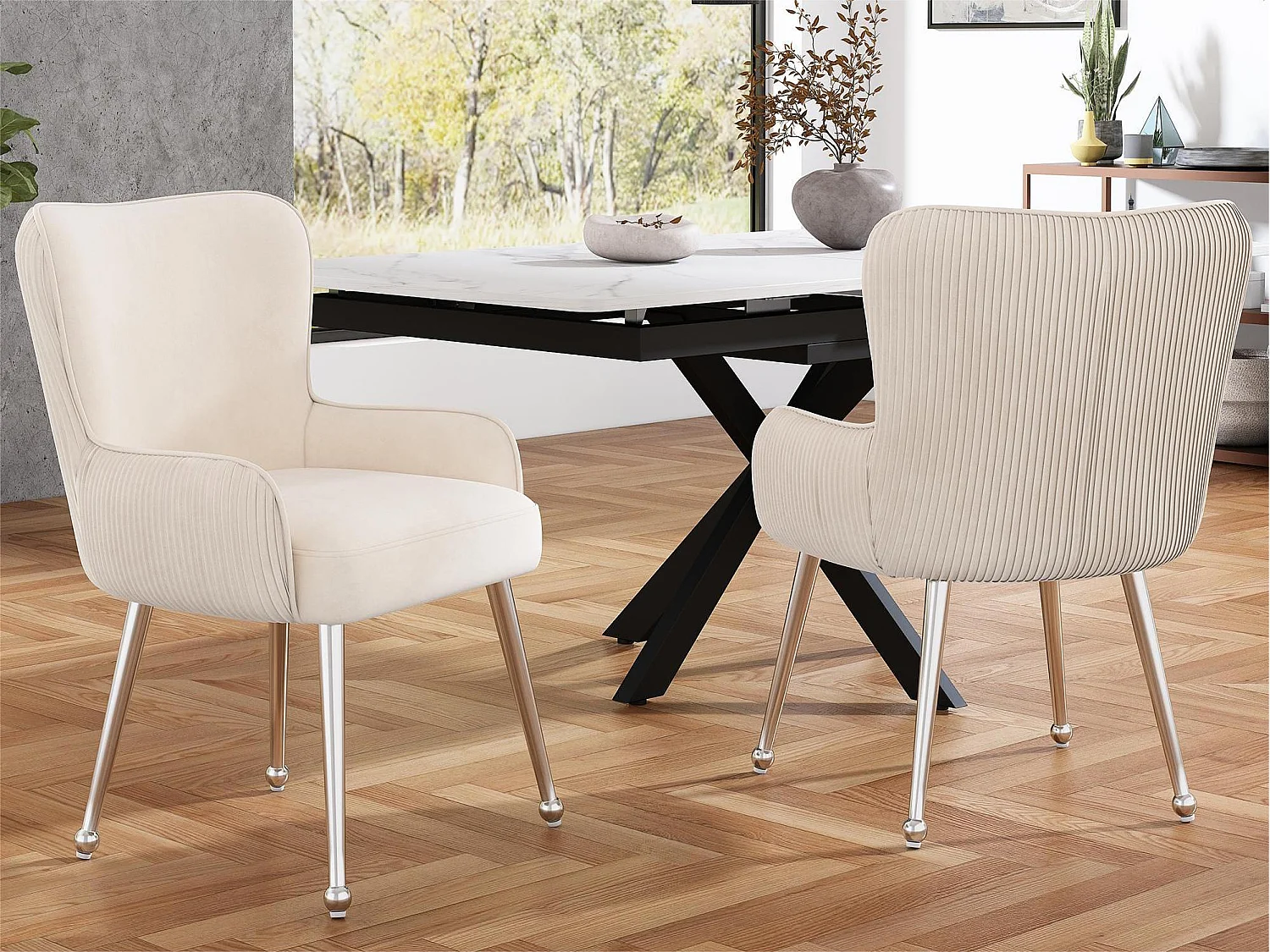 Lot de 2 Chaises en velours - avec accoudoirs et pieds en métal argenté - Beige