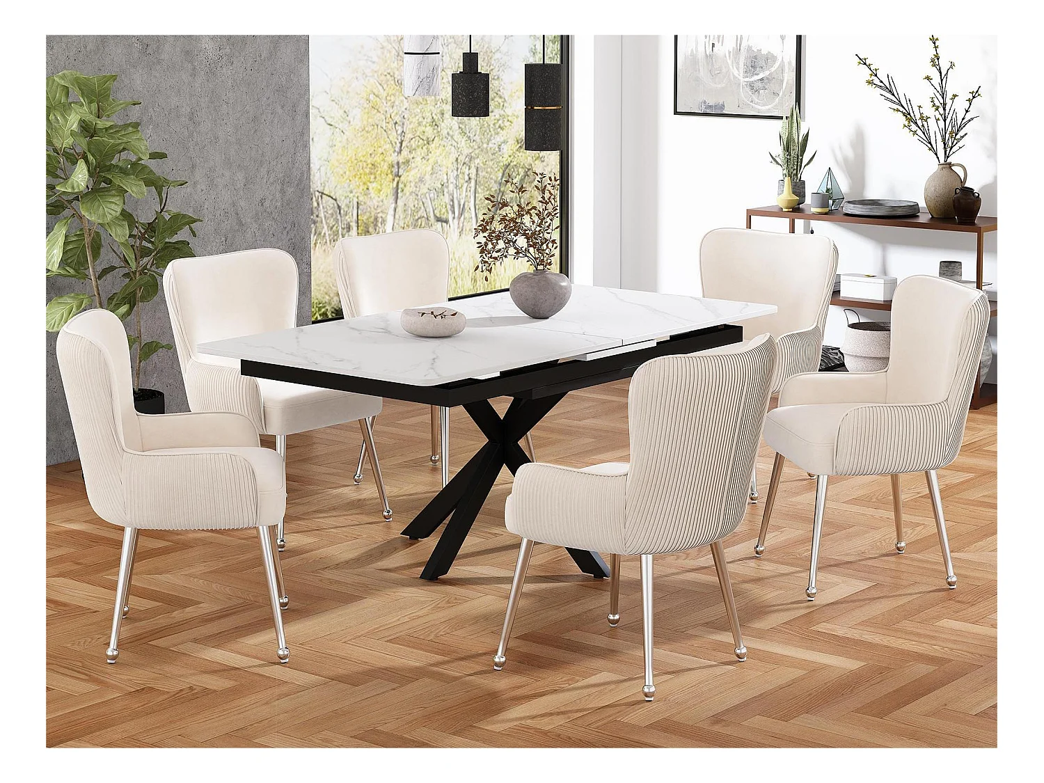 Set van 6 Velvet stoelen - met armleuningen en zilver metalen poten - Beige