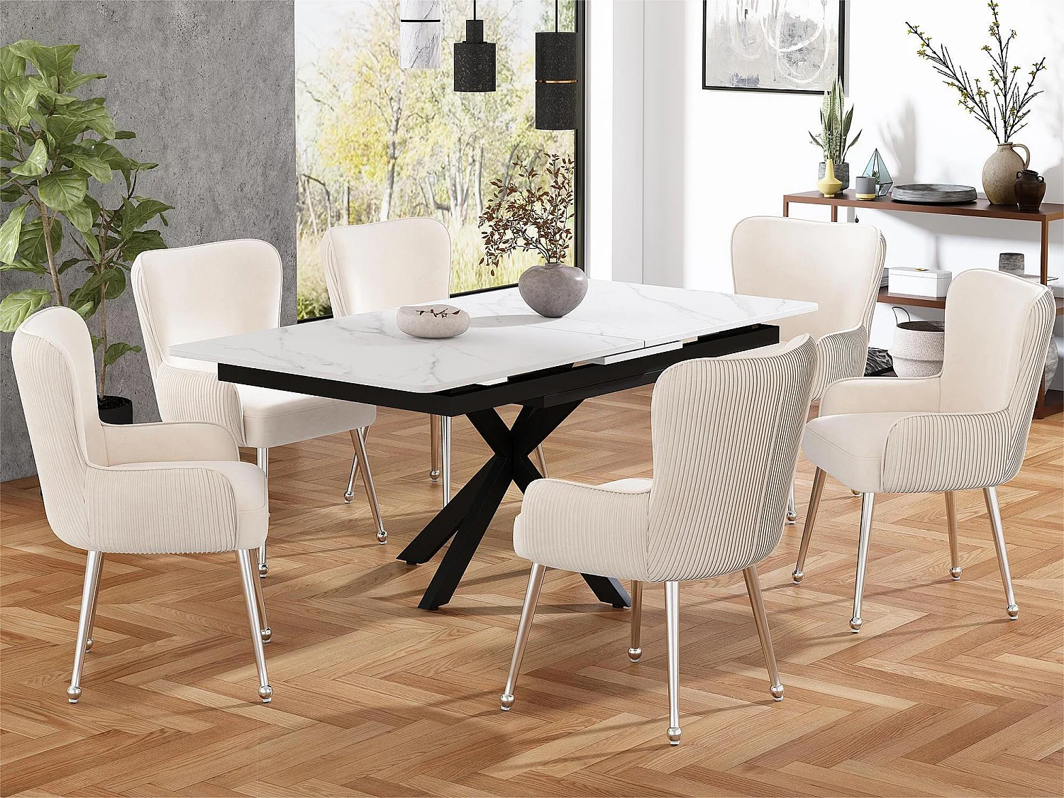 Lot de 6 Chaises en velours - avec accoudoirs et pieds en métal argenté - Beige