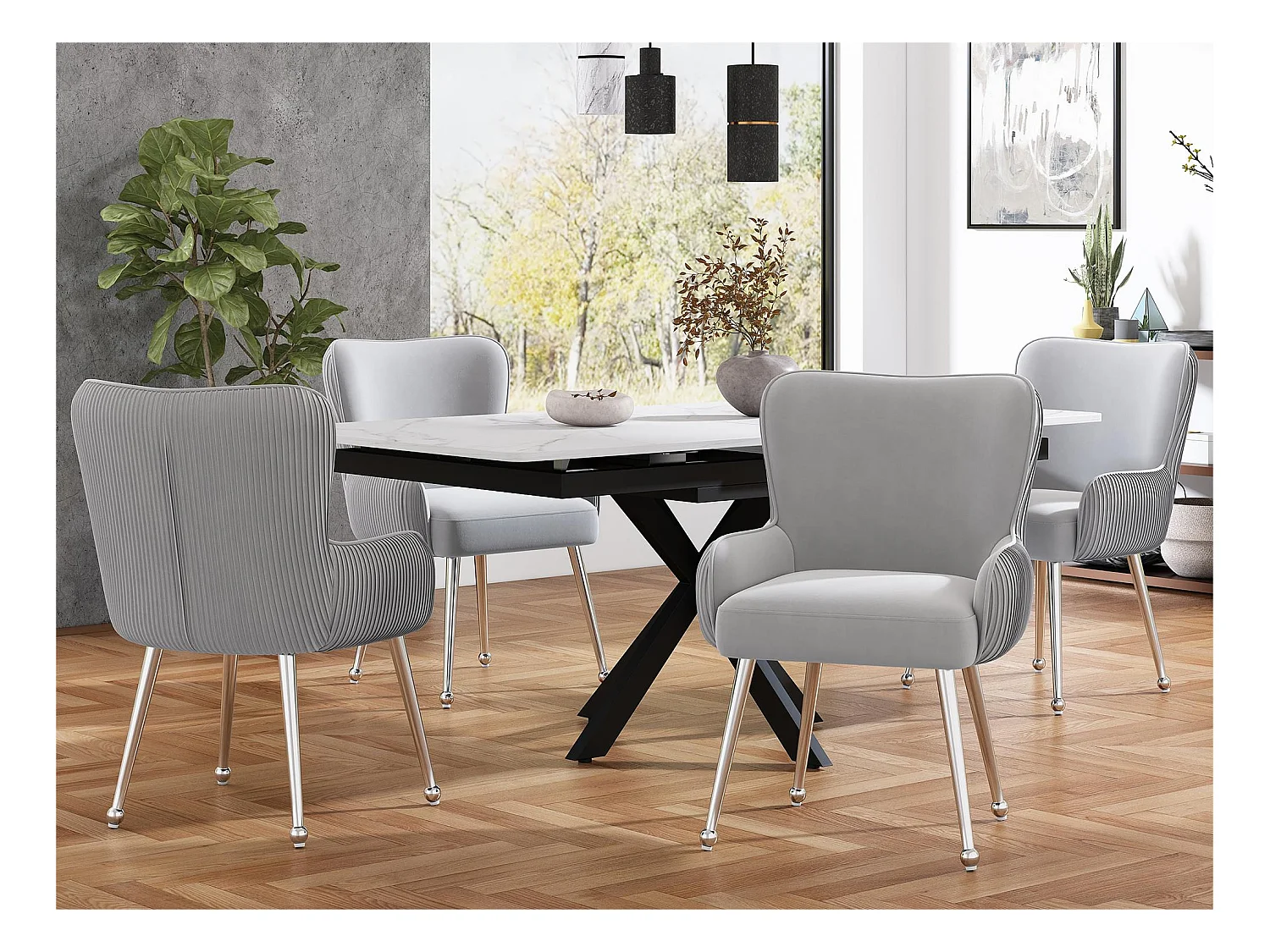 Set van 4 Velvet stoelen - met armleuningen en zilver metalen poten - Grijs