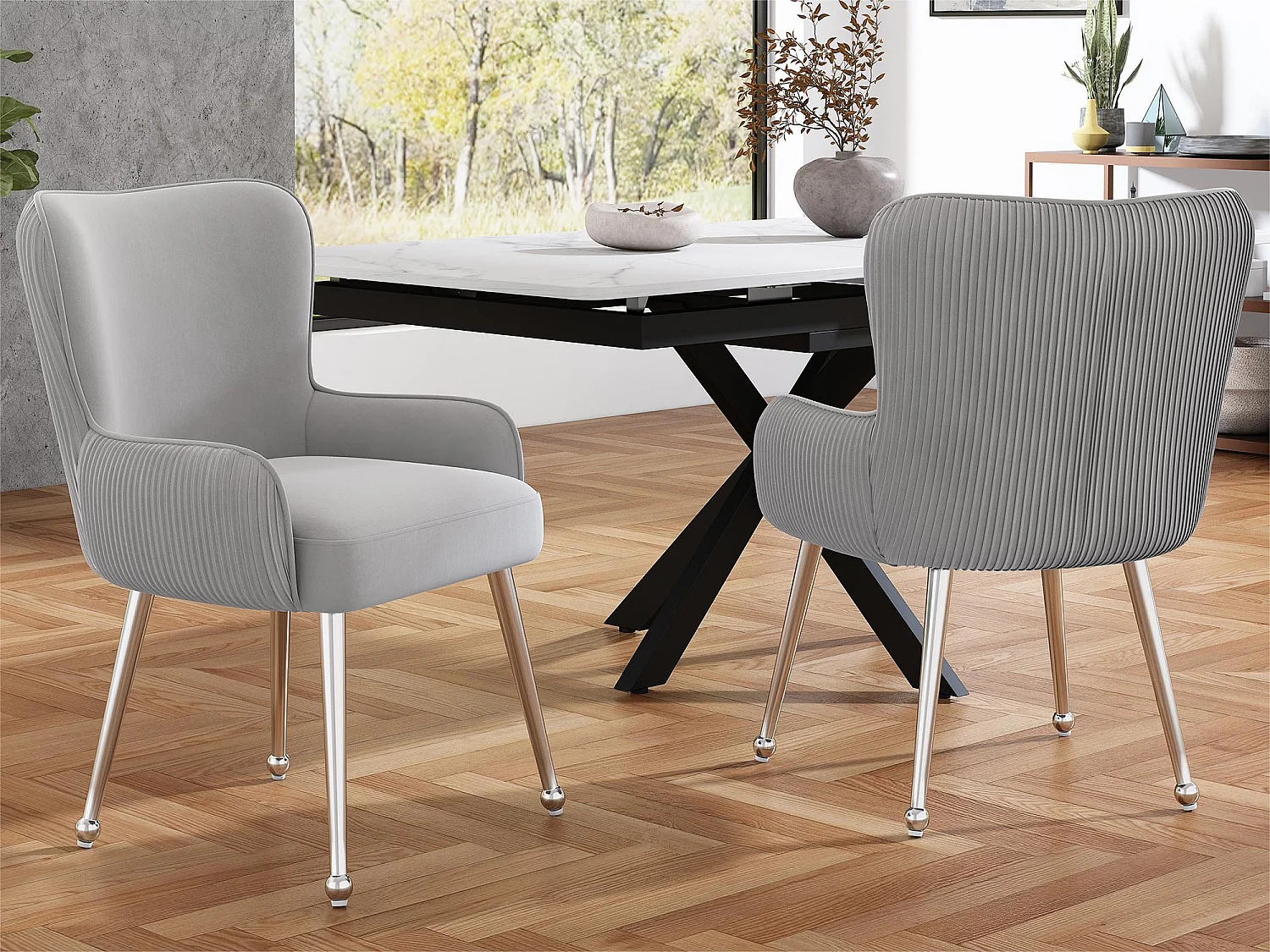 Lot de 2 Chaises en velours - avec accoudoirs et pieds en métal argenté - Gris