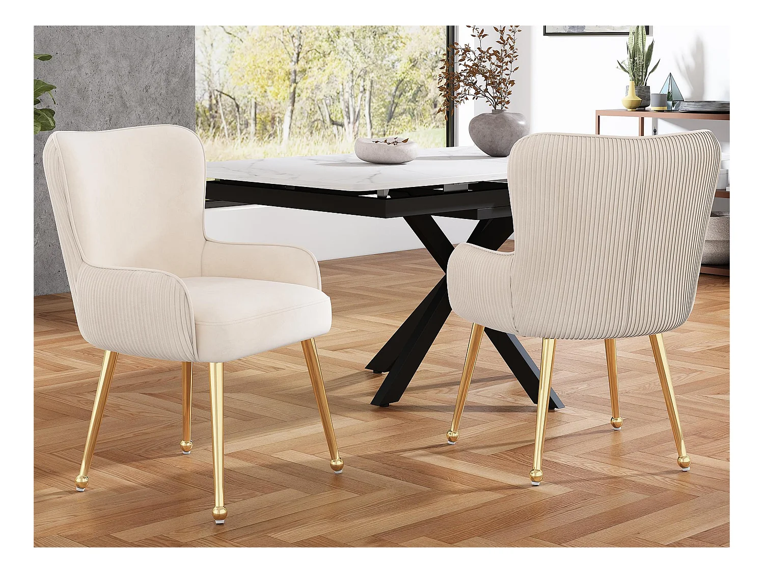 Lot de 2 Chaises en velours - avec accoudoirs et pieds en métal doré - Beige & Doré
