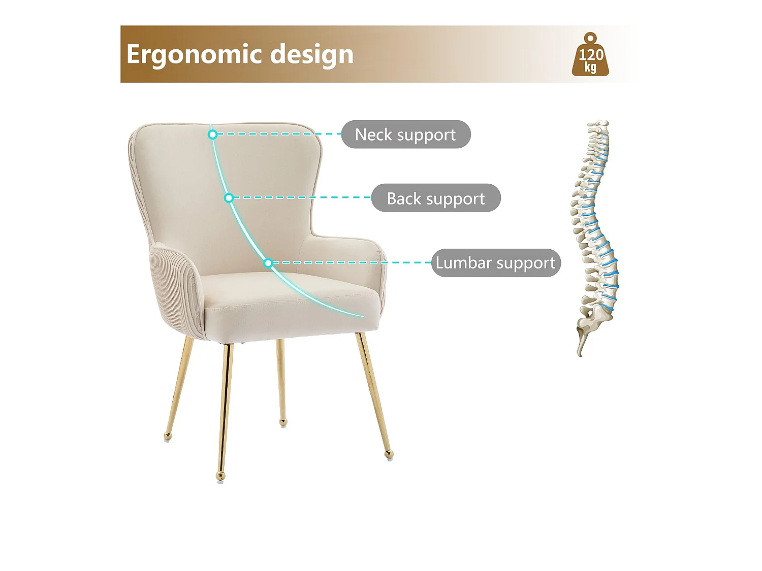 Lot de 2 Chaises en velours - avec accoudoirs et pieds en métal doré - Beige & Doré