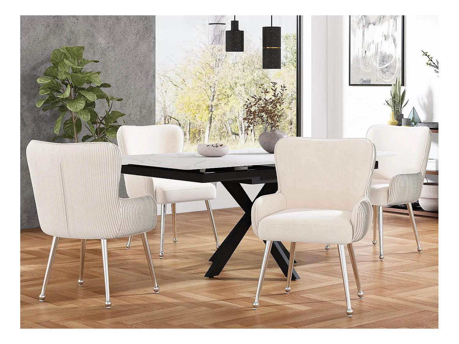 Lot de 4 Chaises en velours - avec accoudoirs et pieds en métal argenté - Beige