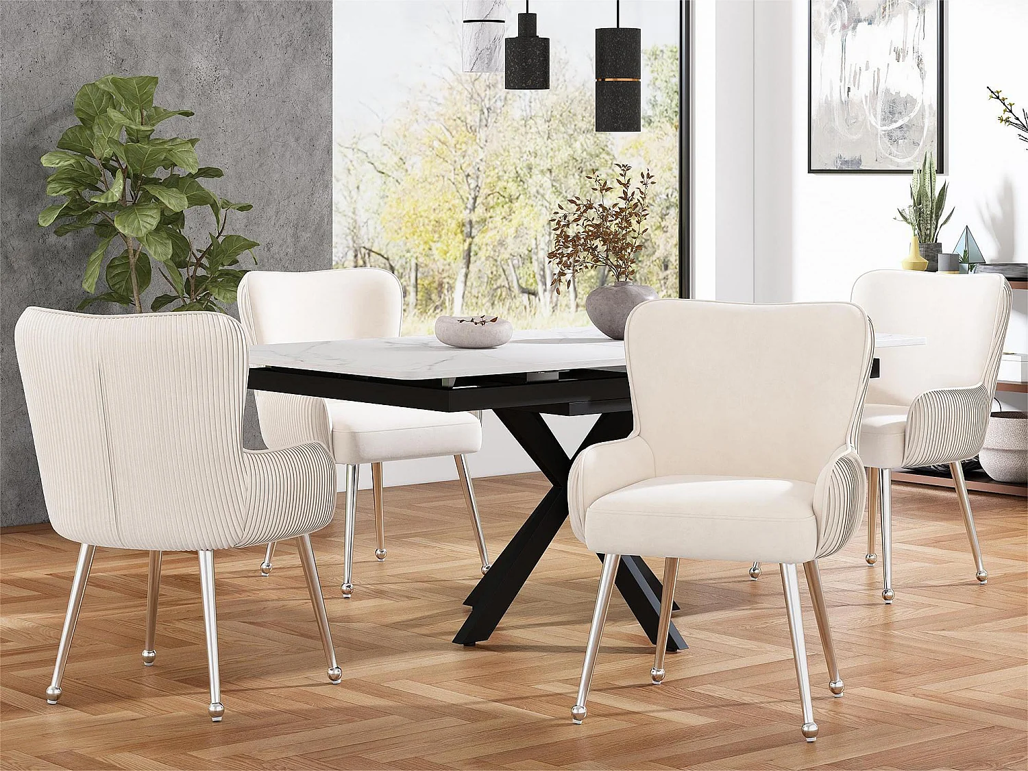 Set di 4 sedie in velluto - con braccioli e gambe in metallo argentato - Beige