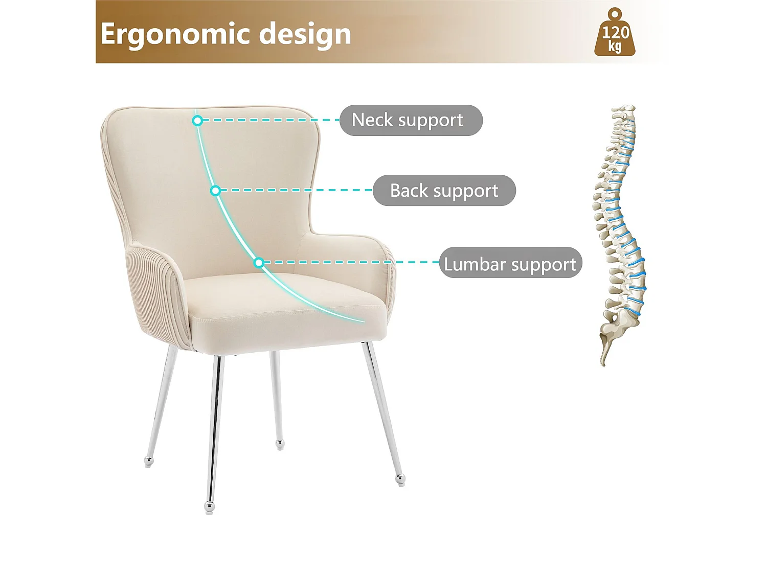 Lot de 4 Chaises en velours - avec accoudoirs et pieds en métal argenté - Beige