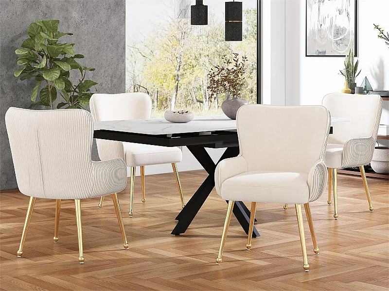 Set van 4 fluwelen stoelen - met armleuningen en gouden metalen poten - Beige & Goud