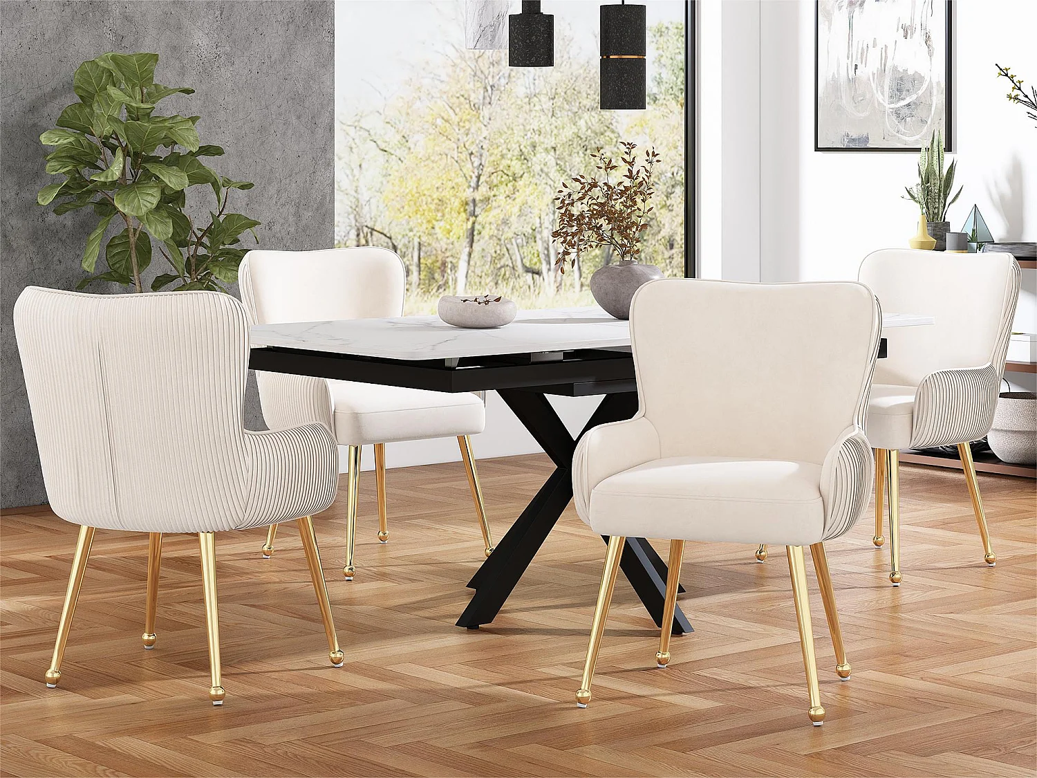 Lot de 4 Chaises en velours - avec accoudoirs et pieds en métal doré - Beige & Doré