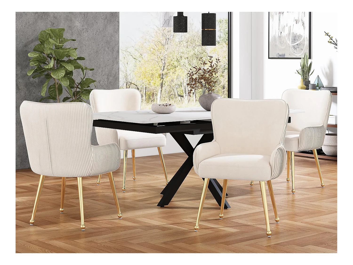 Lot de 4 Chaises en velours - avec accoudoirs et pieds en métal doré - Beige & Doré