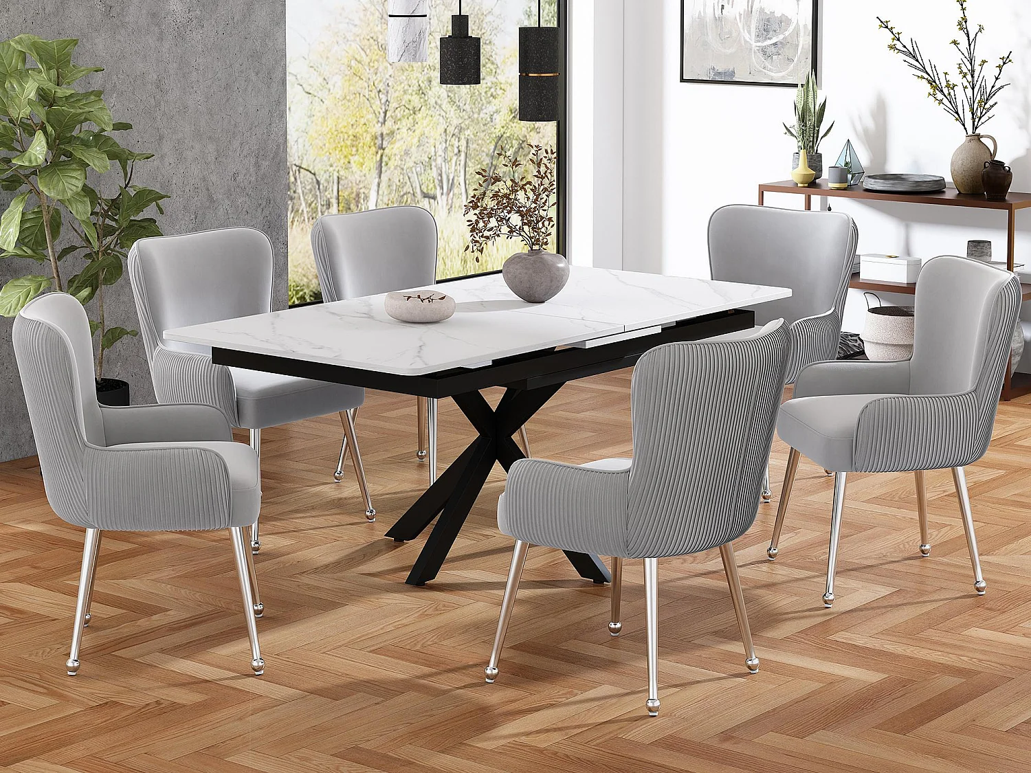 Lot de 6 Chaises en velours - avec accoudoirs et pieds en métal argenté - Gris