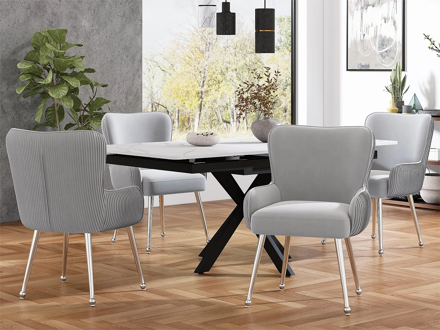 Lot de 6 Chaises en velours - avec accoudoirs et pieds en métal argenté - Gris