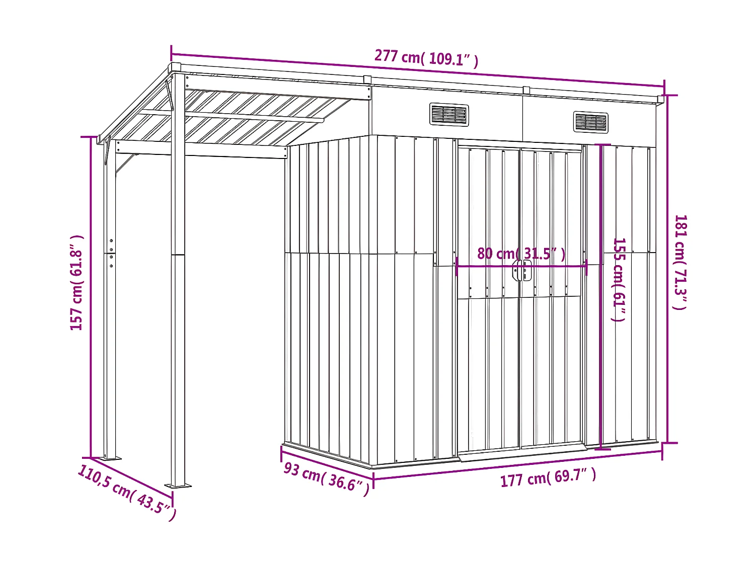 Abri de jardin avec toit prolongé gris clair 277x110,5x181