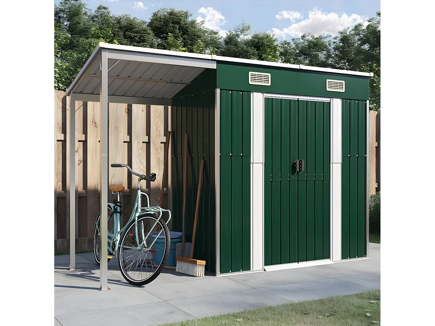 Abri de jardin avec toit prolongé vert 277x110,5x181 acier