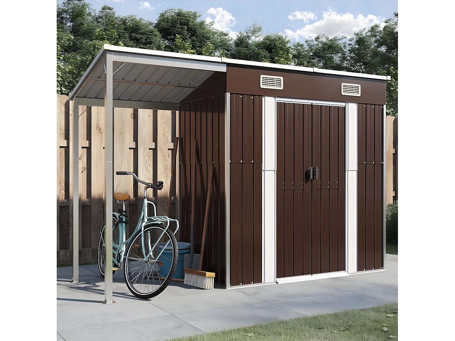 Abri de jardin avec toit prolongé marron 277x110,5x181 acier