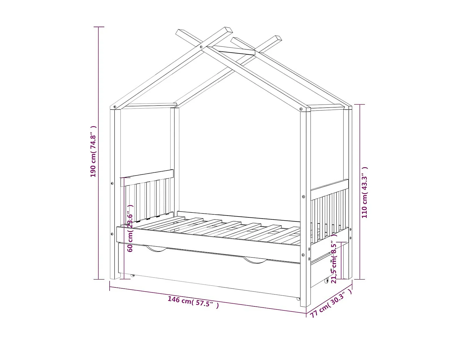 Estrutura de cama para criança c/ gaveta 70x140 cm pinho maciço