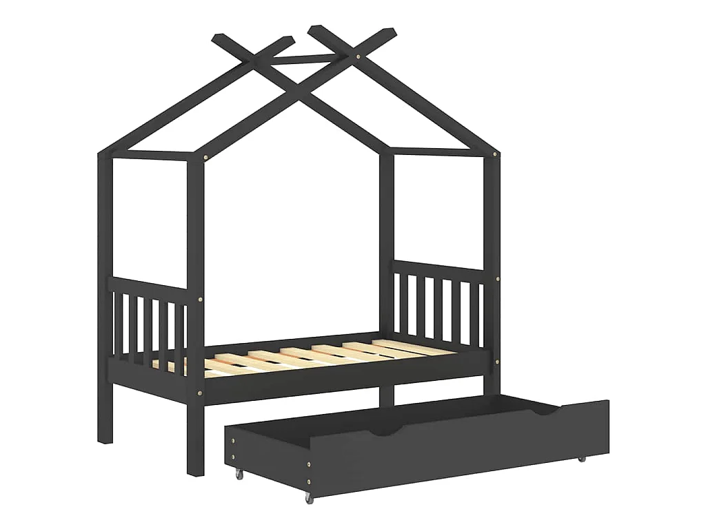 Cadre de lit enfant avec tiroir gris foncé pin massif 70x140 cm