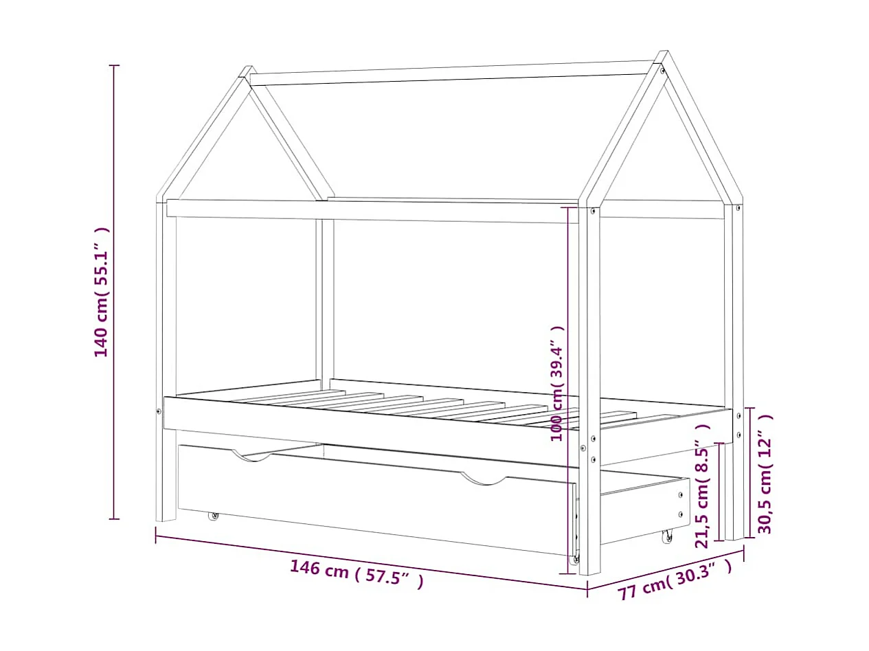 Estructura de cama infantil y cajón madera pino blanca 70x140cm