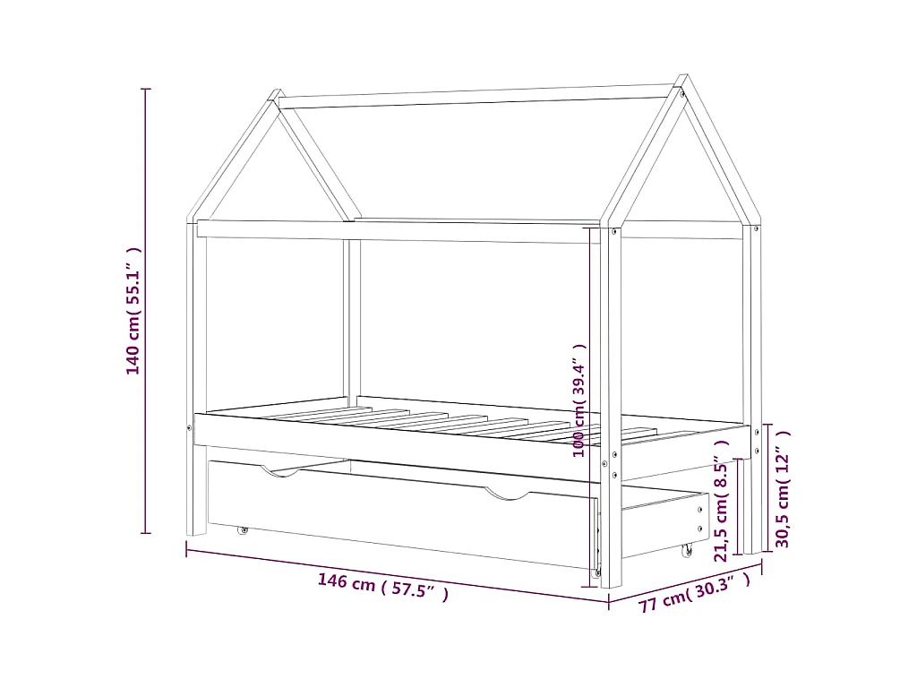 Cadre de lit d'enfant avec un tiroir Blanc Pin massif 70x140 cm