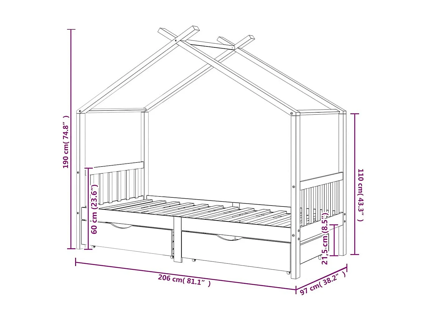Giroletto Bambini Cassetti Grigio Scuro Pino Massello 90x200 cm