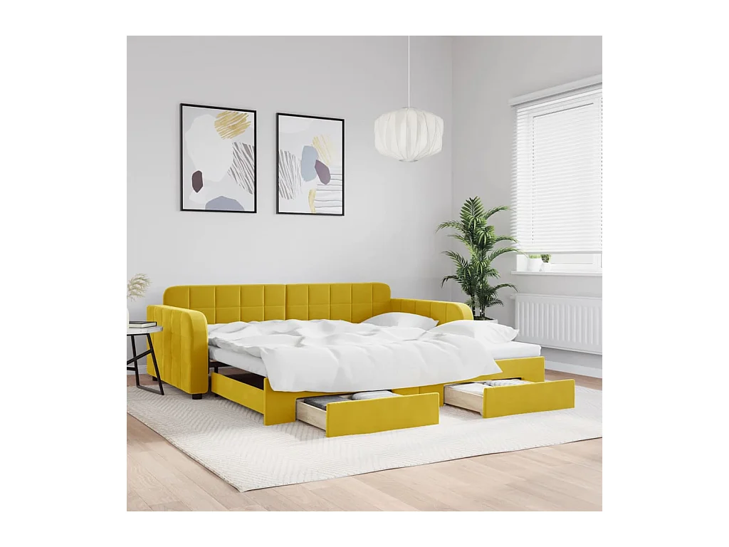 Lit de jour avec gigogne et tiroirs jaune 100x200 cm velours