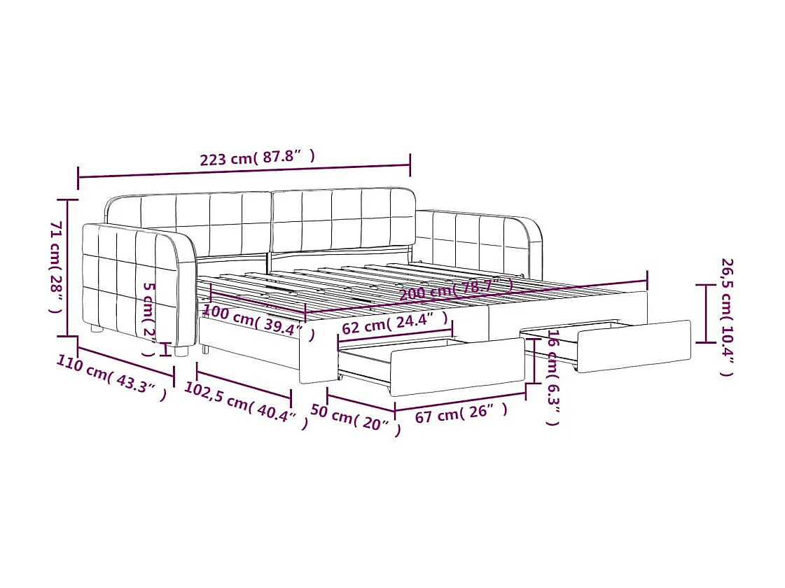 Slaapbank met onderschuifbed en lades 100x200 cm fluweel geel