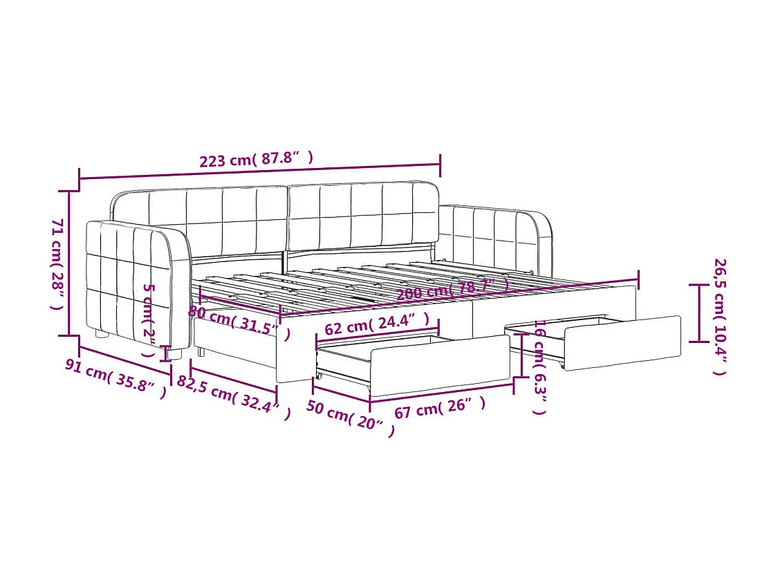 Lit de jour avec gigogne et tiroirs jaune 80x200 cm velours