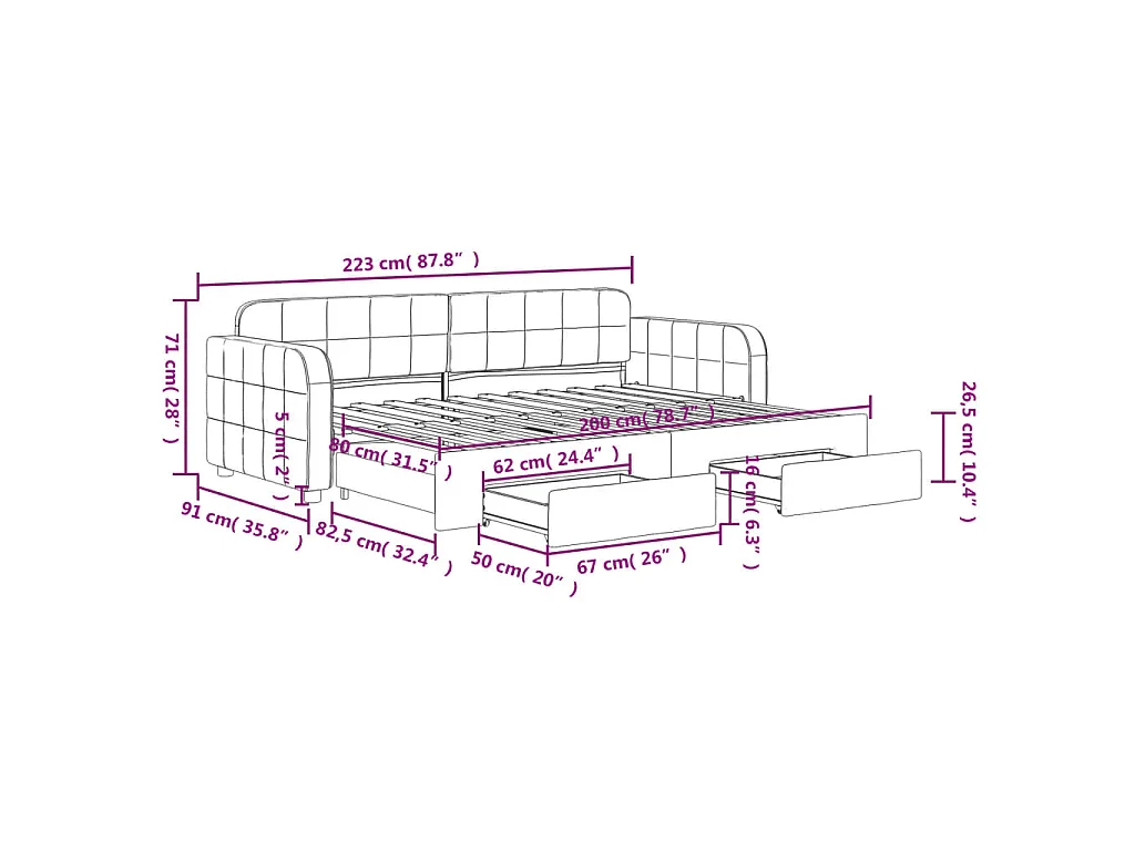 Slaapbank met onderschuifbed en lades 80x200 cm fluweel geel