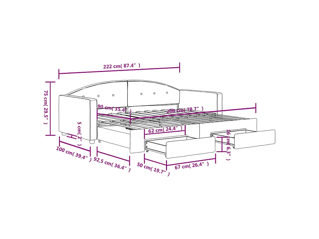 Lit de jour avec gigogne et tiroirs sans matelas noir 90x200 cm