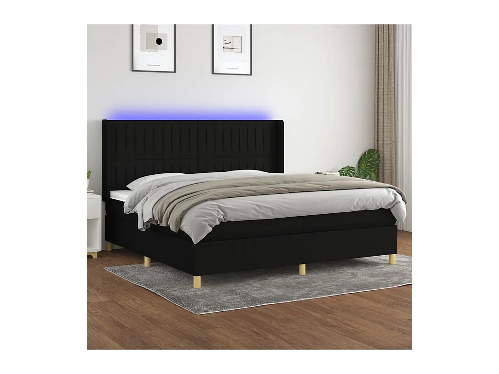 Sommier à lattes de lit matelas et LED Noir 200x200 cm Tissu