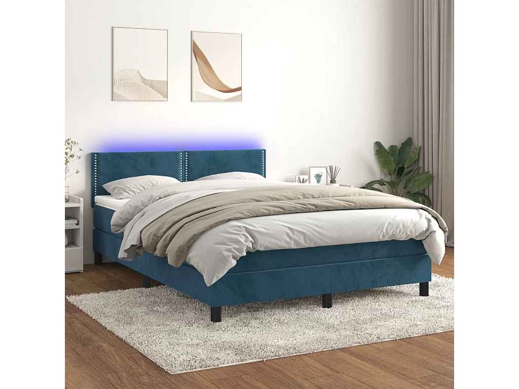 Letto a Molle con Materasso e LED Blu Scuro 140x200 cm