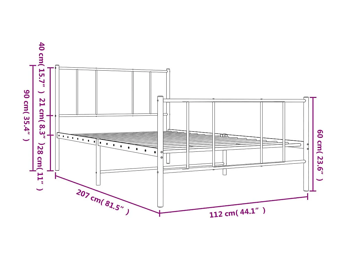 Cadre de lit métal sans matelas avec pied de lit noir 107x203cm