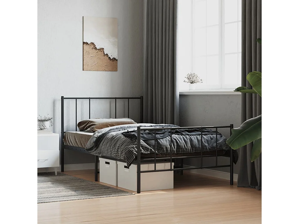 Cadre de lit métal sans matelas avec pied de lit noir 107x203cm
