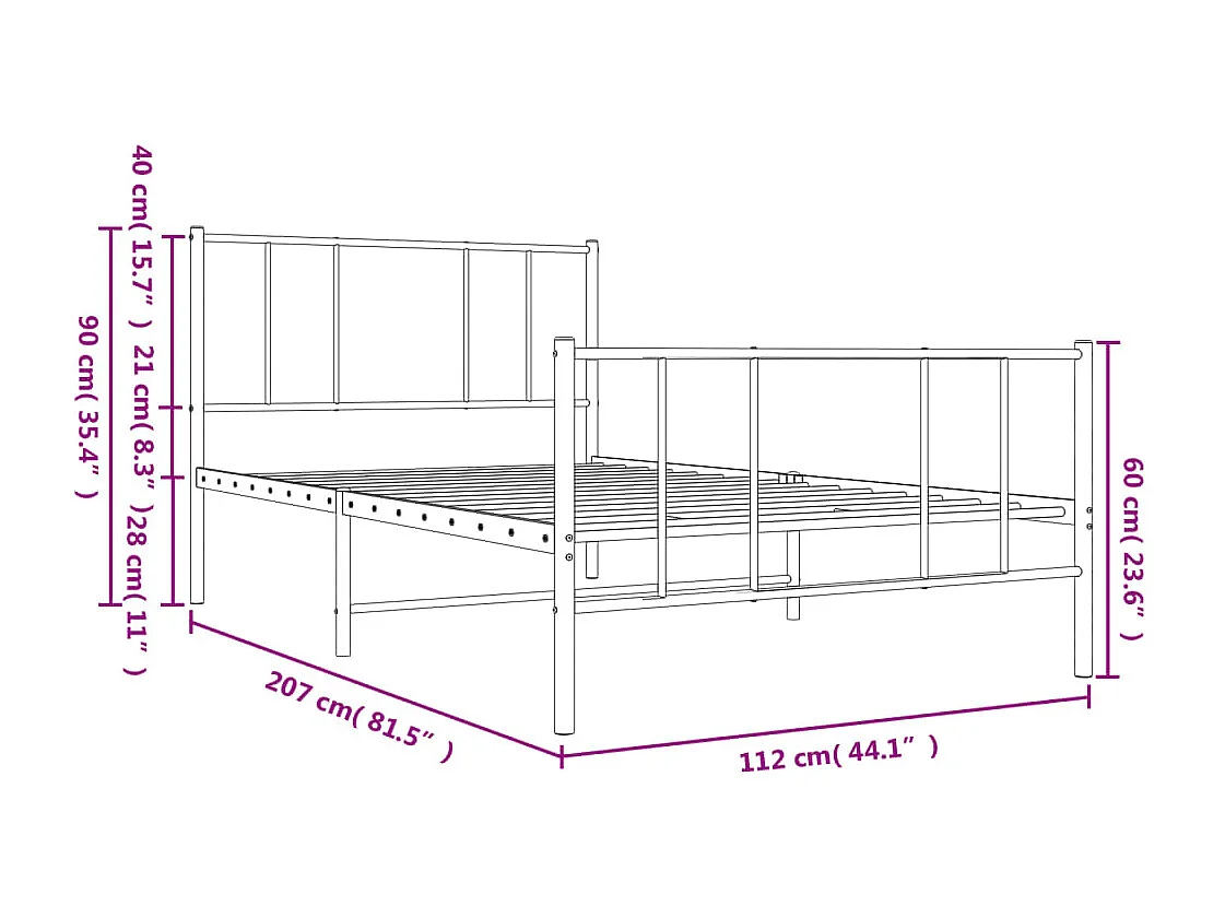 Cadre de lit métal sans matelas avec pied de lit noir 107x203cm