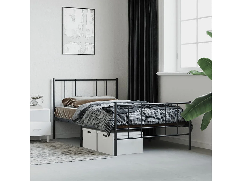 Cadre de lit métal sans matelas avec pied de lit noir 107x203cm