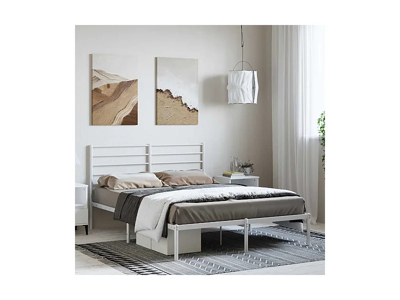 Cadre de lit métal sans matelas et tête de lit blanc 135x190 cm