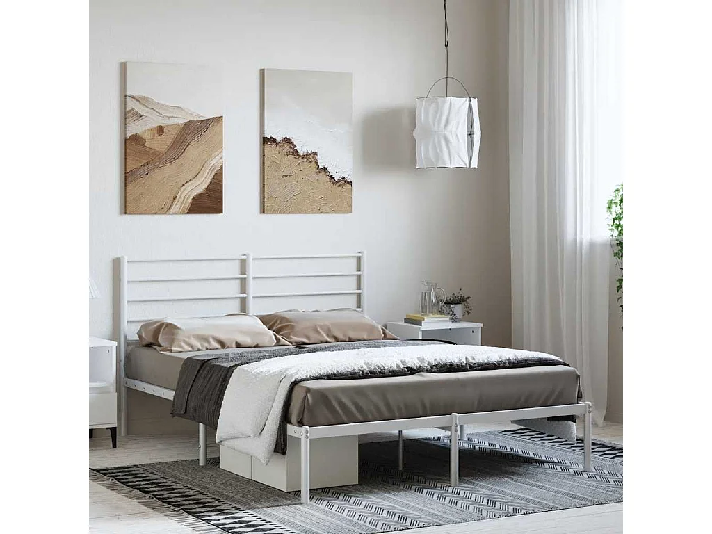 Cadre de lit métal sans matelas et tête de lit blanc 135x190 cm