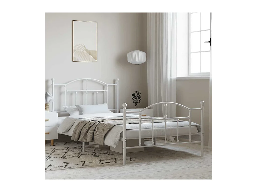 Cadre de lit métal sans matelas et pied de lit blanc 100x200 cm