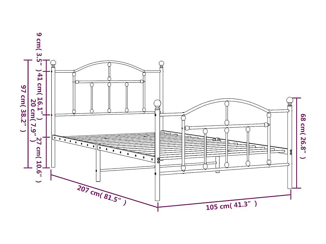 Cadre de lit métal sans matelas et pied de lit blanc 100x200 cm
