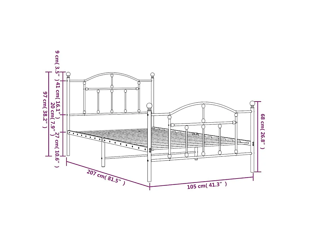 Cadre de lit métal sans matelas et pied de lit blanc 100x200 cm