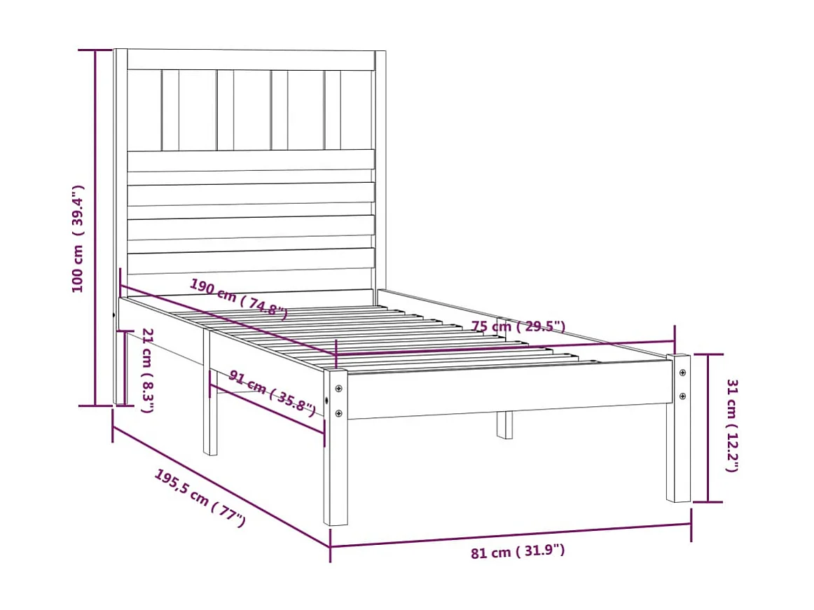 Bedframe zonder matras massief grenenhout wit 75x190 cm