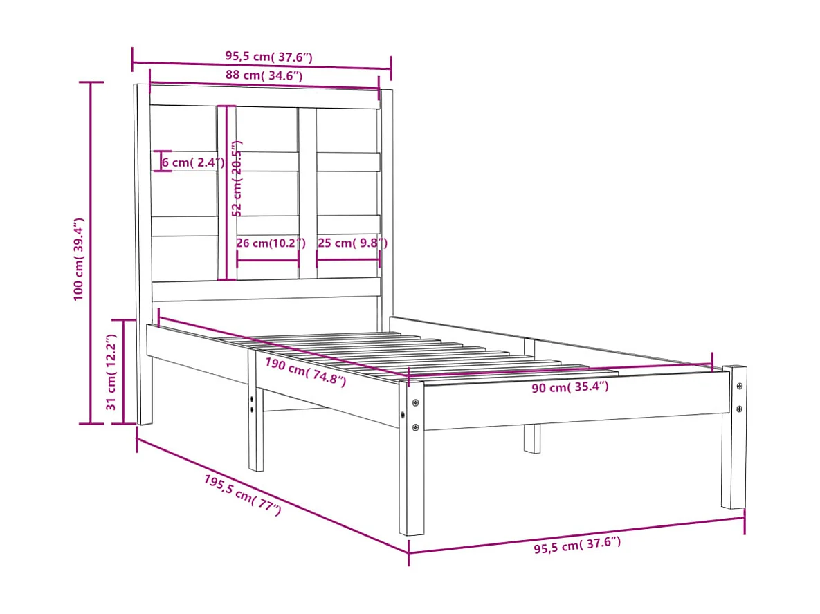 Bedframe massief hout 90x190 cm