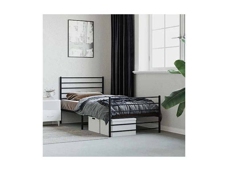 Cadre de lit métal sans matelas avec pied de lit noir 75x190 cm